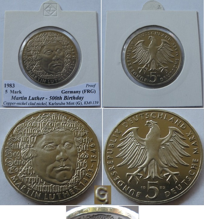  1983, Deutschland-Bundesrepublik, 5 Mark: 500. Geburtstag von Martin Luther (G), PP   