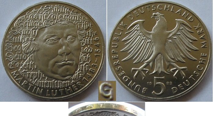  1983, Deutschland-Bundesrepublik, 5 Mark: 500. Geburtstag von Martin Luther (G), PP   