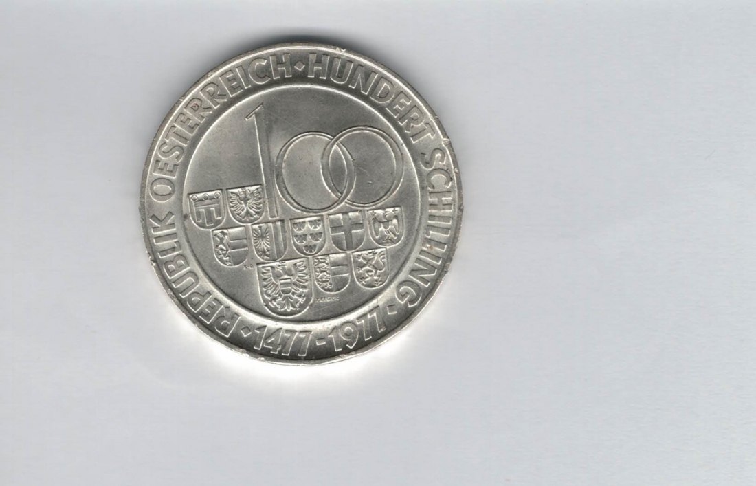  100 Schilling 1977 500 Jahre Münzstätte Hall/Tirol 15,36g fei Ag Österreich Spittalgold9800 01914/16   