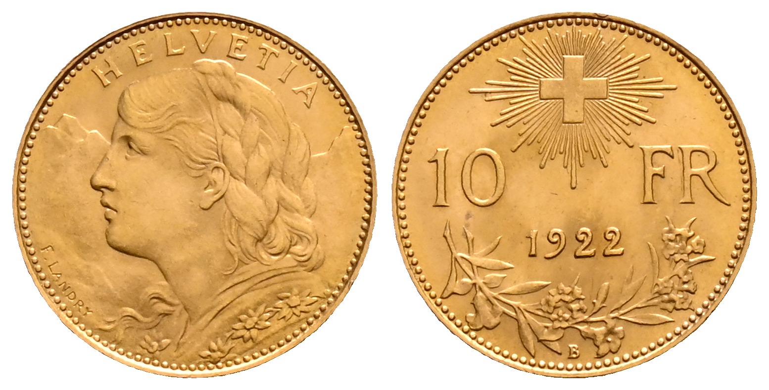 PEUS 2132 Schweiz 2,90 g Feingold. Vreneli 10 Franken GOLD 1922 B Fast Stempelglanz