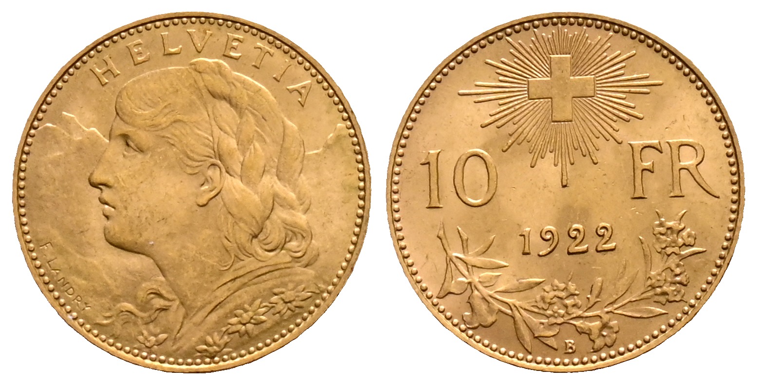 PEUS 2133 Schweiz 2,90 g Feingold. Vreneli 10 Franken GOLD 1922 B Fast Stempelglanz