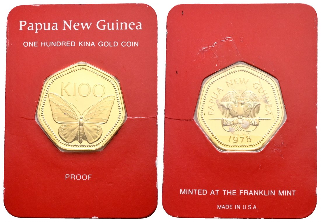 PEUS 2137 Papua Neu Guinea 8,61 g Feingold. Schmetterling 100 Kina GOLD 1978 Proof (eingeschweißt)