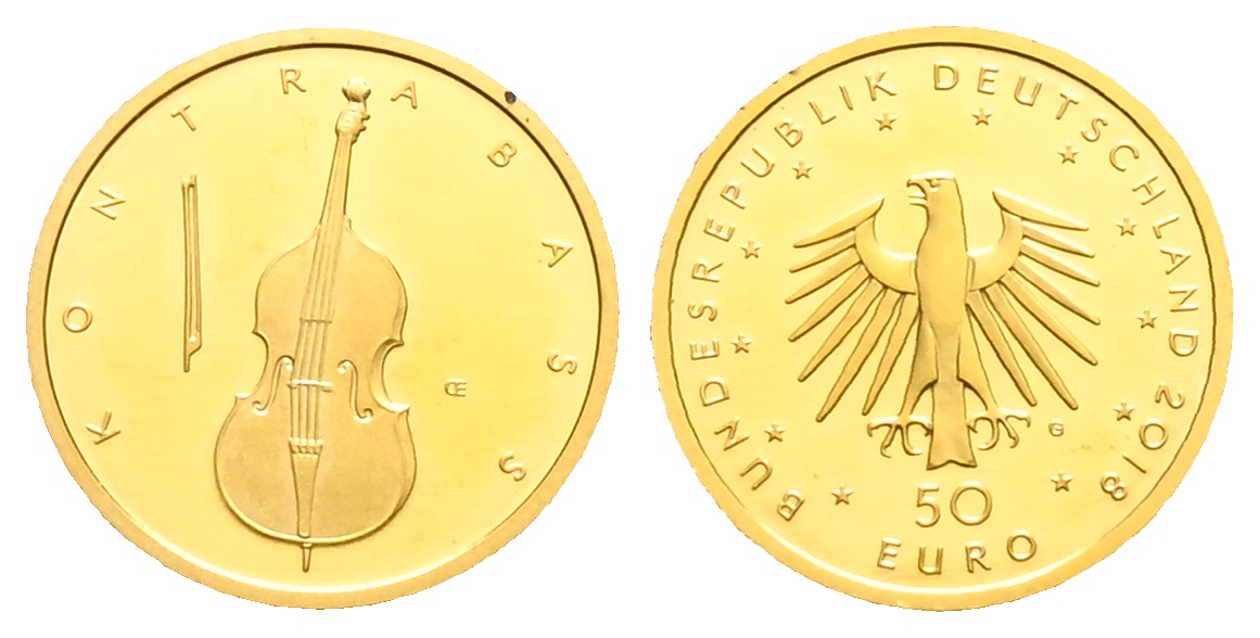 PEUS 2148 BRD 7,78 g Feingold. Kontrabass  O H N E Etui + Zertifikat 50 Euro GOLD 2018 G Karlsruhe Stempelglanz (Kapsel)