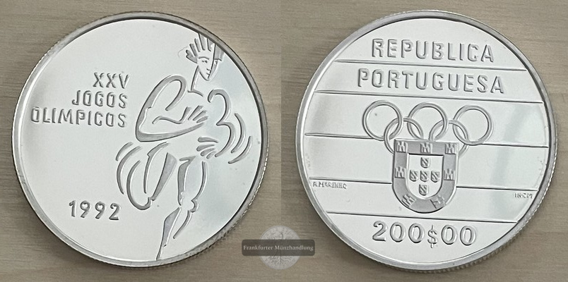  Portugal.  200 Escudos 1992 Olympische Sommerspiele, Barcelona   FM-Frankfurt   Feinsilber: 24,96g   