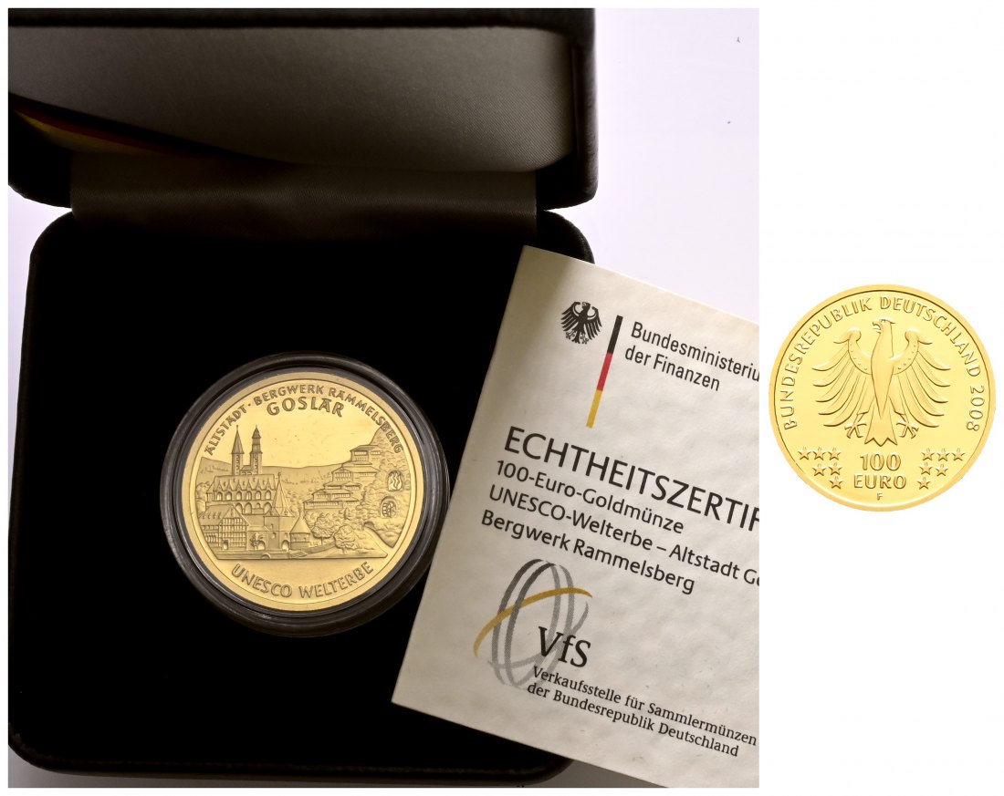 PEUS 2144 BRD 15,55 g Feingold. Goslar incl. Etui und Zertifikat 100 Euro GOLD 1/2 Unze 2008 F Stuttgart Stempelglanz (Kapsel)