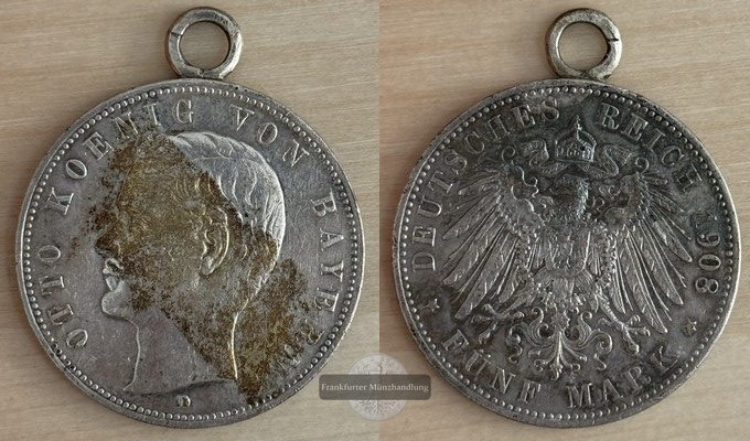  Deutsches Kaiserreich  Bayern, 5 Mark  1908 - D Otto  1886-1913    FM-Frankfurt   Feinsilber: 25g   