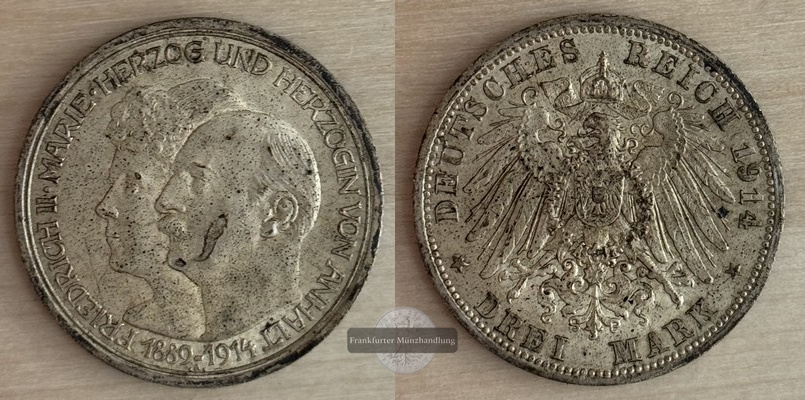  Deutsches Kaiserreich, Anhalt 3 Mark  1914  A  FM-Frankfurt Feingewicht: 15g Silber   