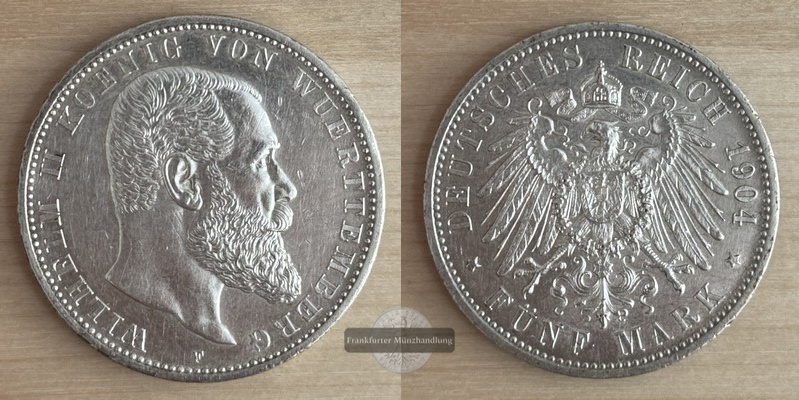  Deutsches Kaiserreich,  Württemberg  5 Mark  1904 F    FM-Frankfurt Feingewicht: 25g Silber   