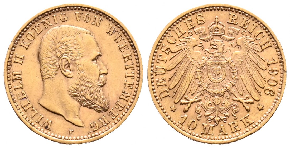 PEUS 2155 Kaiserreich - Württemberg 3,58 g Feingold. Wilhelm II. (1891 - 1918) 10 Mark GOLD 1906 F Sehr schön