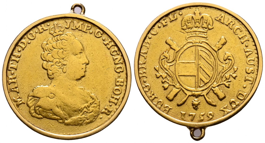 PEUS 2160 Habsburger Erblande Münze 10,16 g Feingold. Maria Theresia (1740-1780) Doppelter Souverain d'or GOLD 1759 Brüssel Gefasst, fast sehr schön