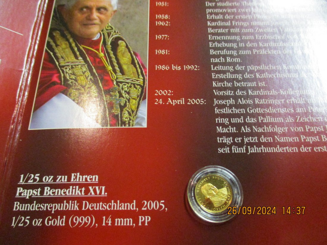  Papst Benedikt XVI - 2005 Goldmedaille 999er Gold 1,24 Gramm   