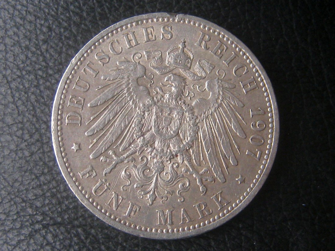  5 Mark Kaiserreich Wilhelm II. 1907; 900er Silber, 25 Gramm Feingehalt   