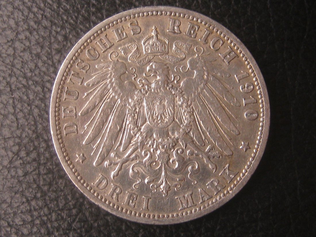  3 Mark Kaiserreich Wilhelm II. 1910; 900er Silber, 15 Gramm Feingehalt   