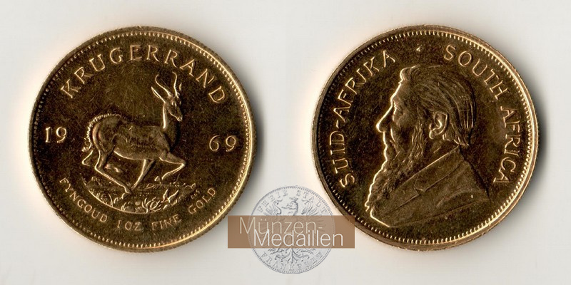 Süd Afrika MM-Frankfurt Feingewicht: 31,1g Gold 1oz Krügerrand 1969 vorzüglich