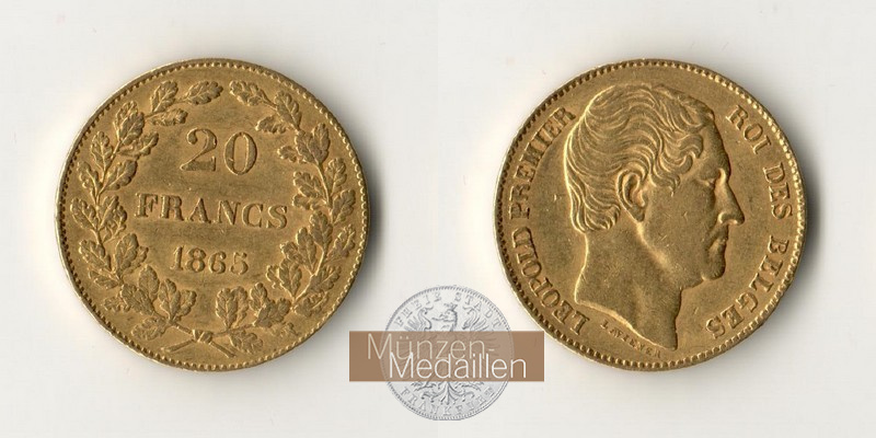 Belgien  20 Francs MM-Frankfurt Feingold: 5,81g Leopold I. (1832-1865) 1865 