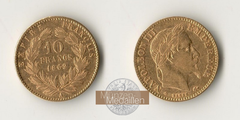 Frankreich MM-Frankfurt Feingewicht: 2,90g Gold 10 Francs 1862 A 