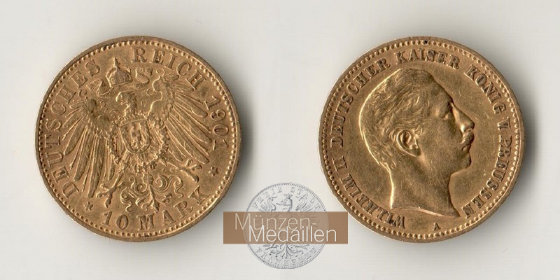 Deutsches Kaiserreich, Preussen. MM-Frankfurt Feingewicht: 3,58g Gold Wilhelm II. 1888-1918. 10 Mark 1901 A 