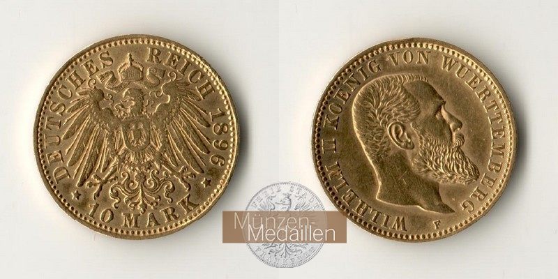 Deutsches Kaiserreich, Württemberg MM-Frankfurt Feingold: 3,58g Wilhelm II., 10 Mark 1896 F 