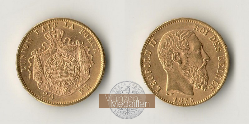 Belgien  20 Francs MM-Frankfurt Feingold: 5,81g Leopold II. 1865-1909 1875 