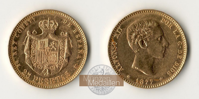 Spanien MM-Frankfurt Feingold: 7,26g 25 Pesetas 1877 