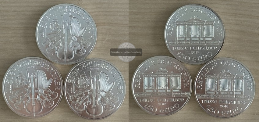  Österreich 3x 1,5 Euro 2013/18/19  Wiener Philharmoniker  FM-Frankfurt Feinsilber: 93,3g   