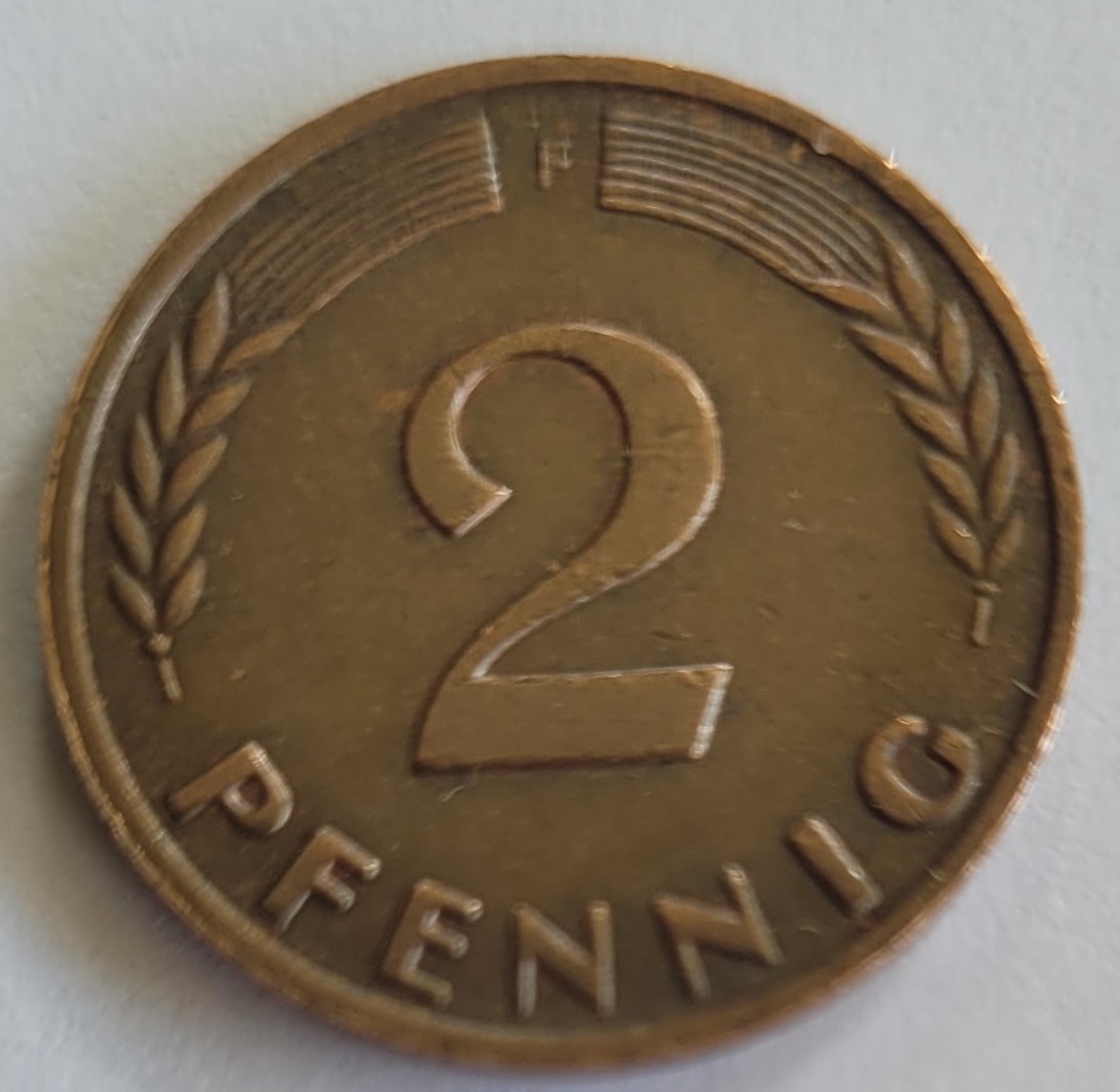  2 pfennig 1962 f, Umlaufmünze, gut erhalten, nicht Magnetisch   