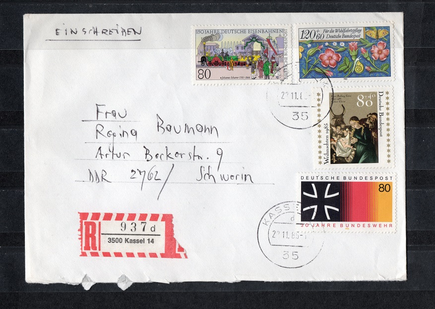  BRD 1985 Einschreiben mit Mi.1262/1264 u. 1266-67 Echt gelaufen (Mi 6,- EUR)   