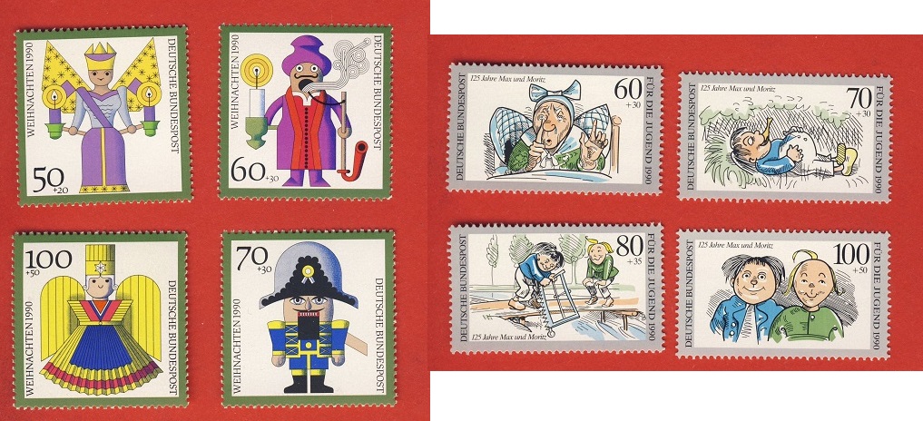  Bund 1990 2 Sätze Mi.1455 - 1458 Max + Moritz + Mi.1484 - 1487 Weihnachten Postfrisch   