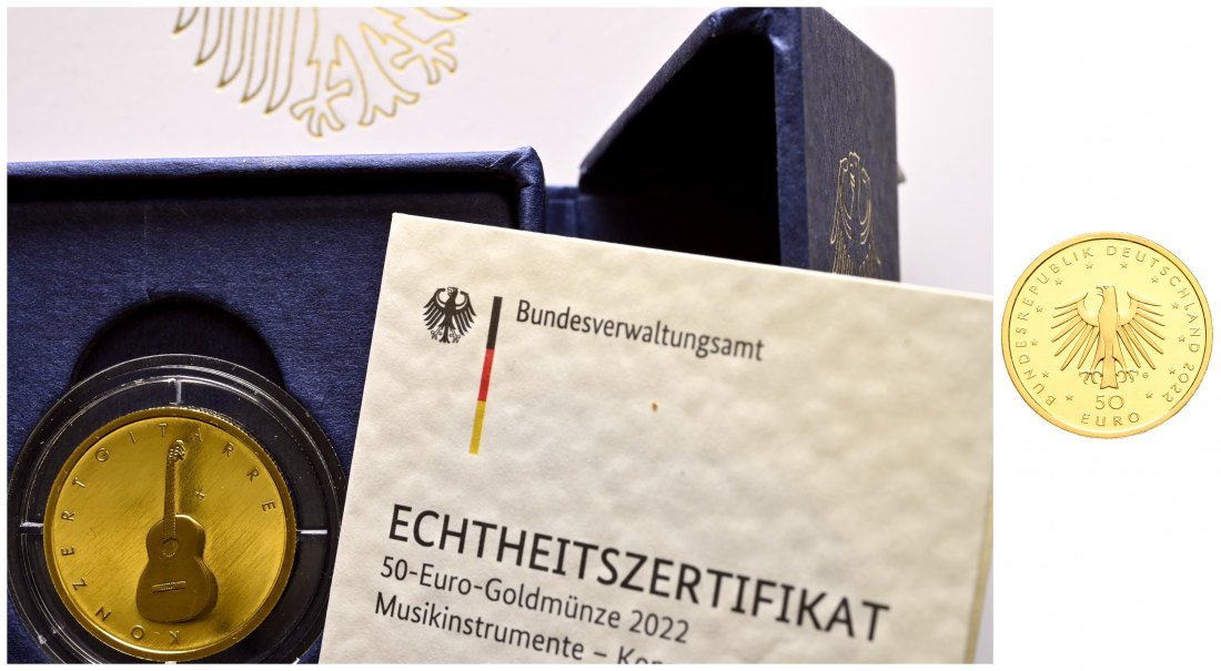 PEUS 2162 BRD 7,78 g Feingold. Konzertgitarre m. Etui + Zertifikat 50 Euro GOLD 2022 G Karlsruhe Stempelglanz (Kapsel)