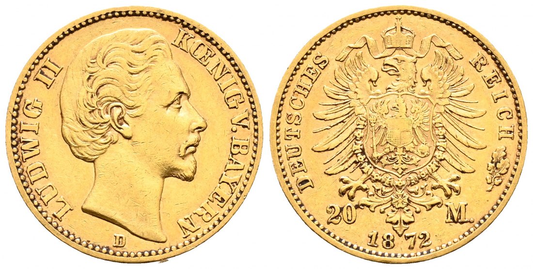 PEUS 2040 Kaiserreich - Bayern 7,16 g Feingold. Ludwig II. (1864 - 1886) 20 Mark GOLD 1872 D München Sehr schön