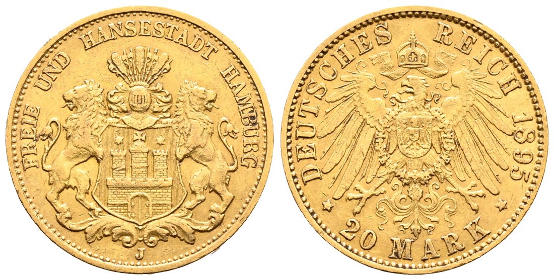 PEUS 2167 Hamburg - Kaiserreich 7,16 g Feingold. Stadtwappen 20 Mark GOLD 1895 J Sehr schön