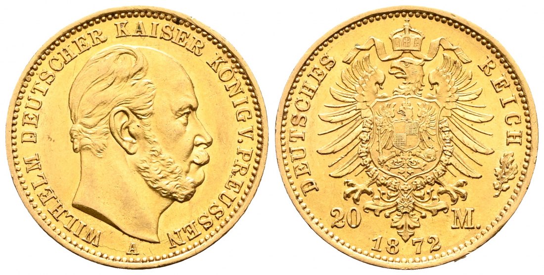 PEUS 2169 Kaiserreich - Preußen 7,16 g Feingold. Wilhelm I. (1861 - 1888) 20 Mark GOLD 1872 A Vorzüglich / Stempelglanz