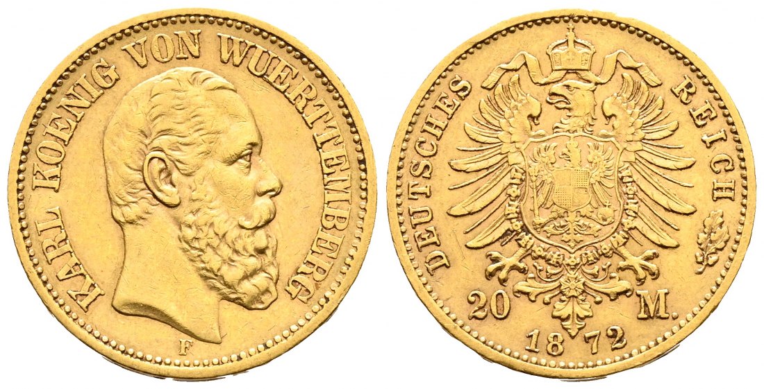 PEUS 2173 Kaiserreich - Württemberg 7,16 g Feingold. Karl (1864 - 1891) 20 Mark GOLD 1872 F Stuttgart Sehr schön