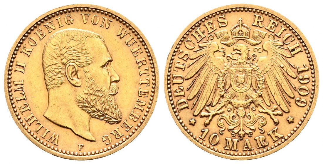 PEUS 2174 Kaiserreich - Württemberg 3,58 g Feingold. Wilhelm II. (1891 - 1918) 10 Mark GOLD 1909 F Stuttgart Sehr schön +