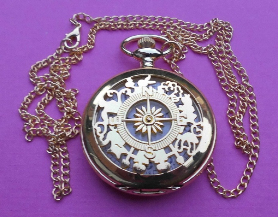  Taschenuhr Motiv Kompass Skelett 45mm 52gr mit 80cm Kette goldfarbig Quarzwerk NEU !   