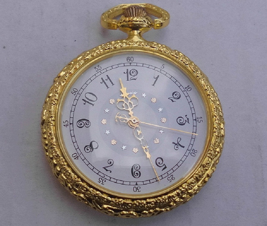  Taschenuhr mit blauer Randverzierung beidseitig 45mm goldfarbig Quarzwerk NEU !   