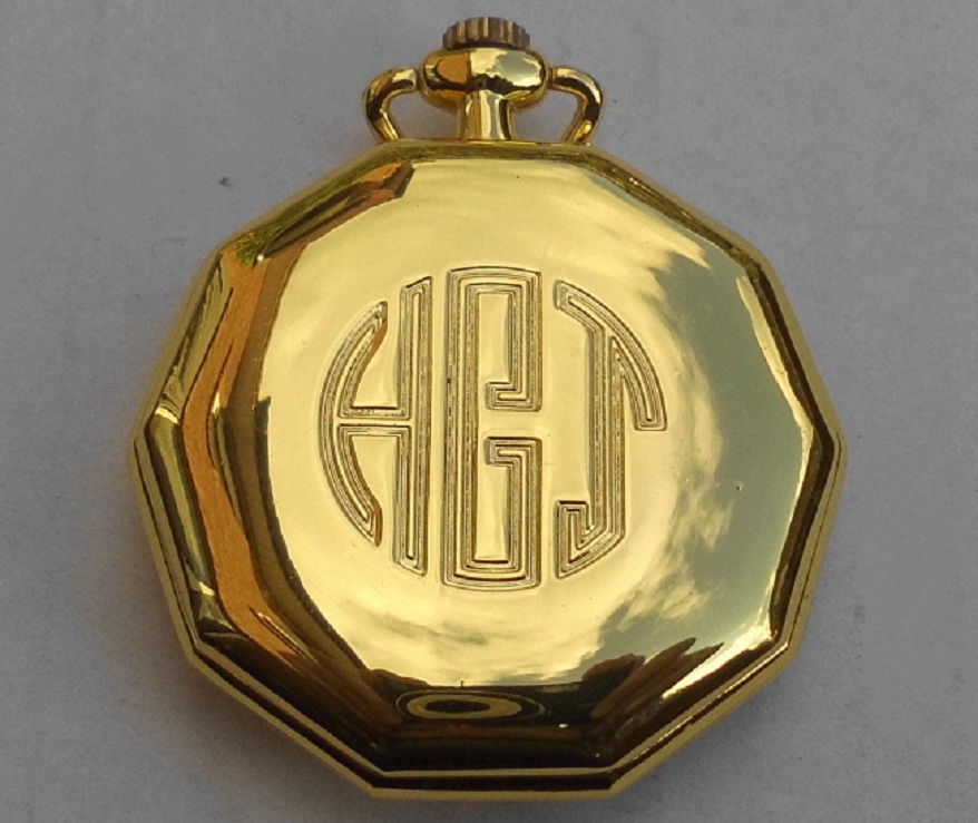  Taschenuhr 45mm goldfarbig Deckel mit Initialen Quarzwerk NEU !   