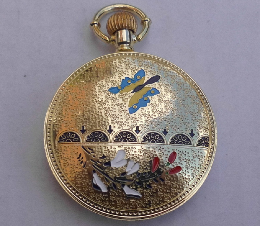  Taschenuhr Deckel mit Kaltemaillenmotiv 48mm goldfarbig Quarzwerk NEU !   