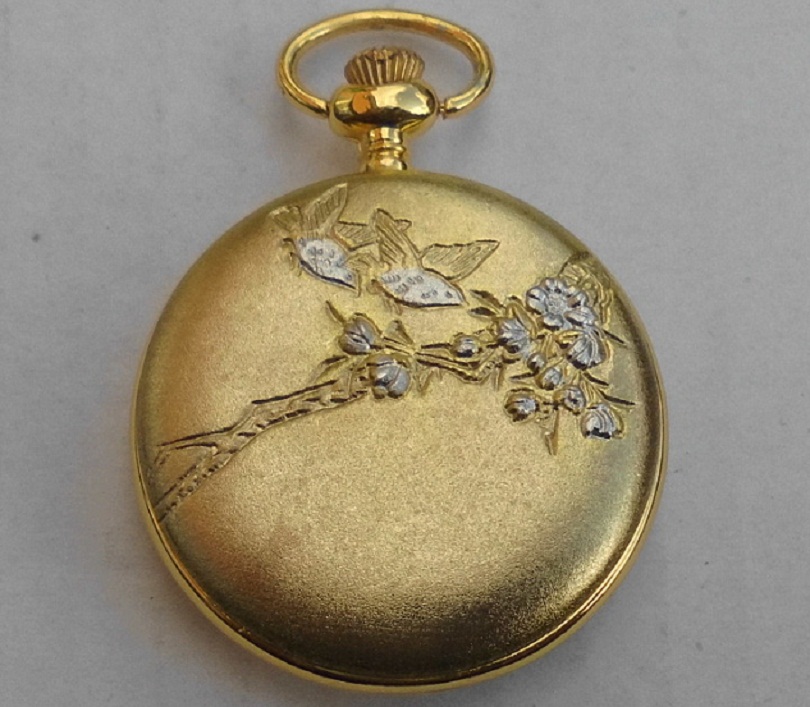  Taschenuhr Deckel mit Motivgravur Taube auf Blumenzweig 40mm goldfarbig Quarzwerk NEU !   