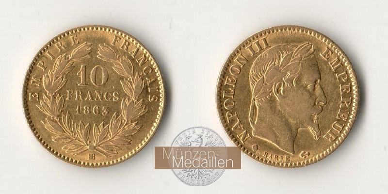 Frankreich MM-Frankfurt Feingewicht: 2,9g Gold 10 Francs 1863 BB sehr schön