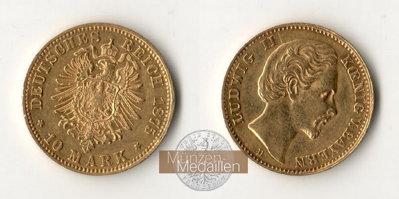 Bayern, Kaiserreich  10 Mark MM-Frankfurt Feingold: 3,58g Ludwig II. 1864-1886 1875 D 