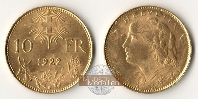 Schweiz  10 sFR MM-Frankfurt Feingold: 2,90g 1/2 Vreneli 1922 B 