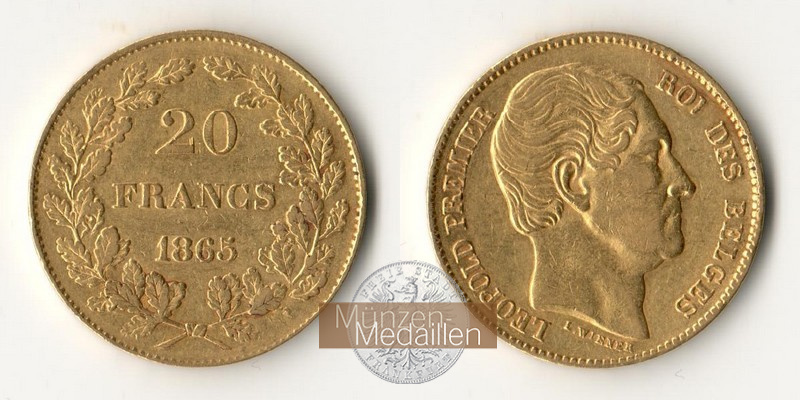 Belgien  20 Francs MM-Frankfurt Feingold: 5,81g Leopold I. (1832-1865) 1865 