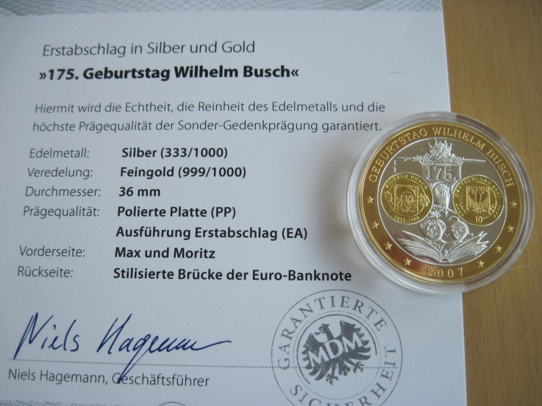  Sonder - Gedenkprägung BRD 2007 zu 10 Euro Ausgaben 333 Silber + Gold Wilhelm Busch   