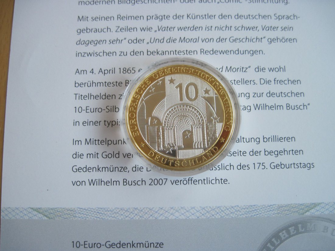  Sonder - Gedenkprägung BRD 2007 zu 10 Euro Ausgaben 333 Silber + Gold Wilhelm Busch   