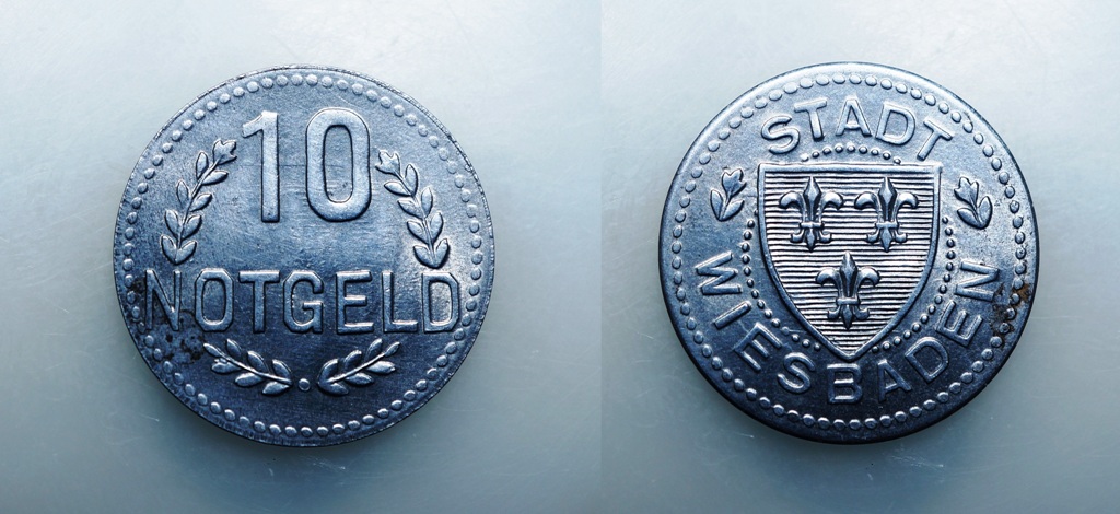  Notgeld, Wiesbaden, 10 Pfennig o. J., Eisen   