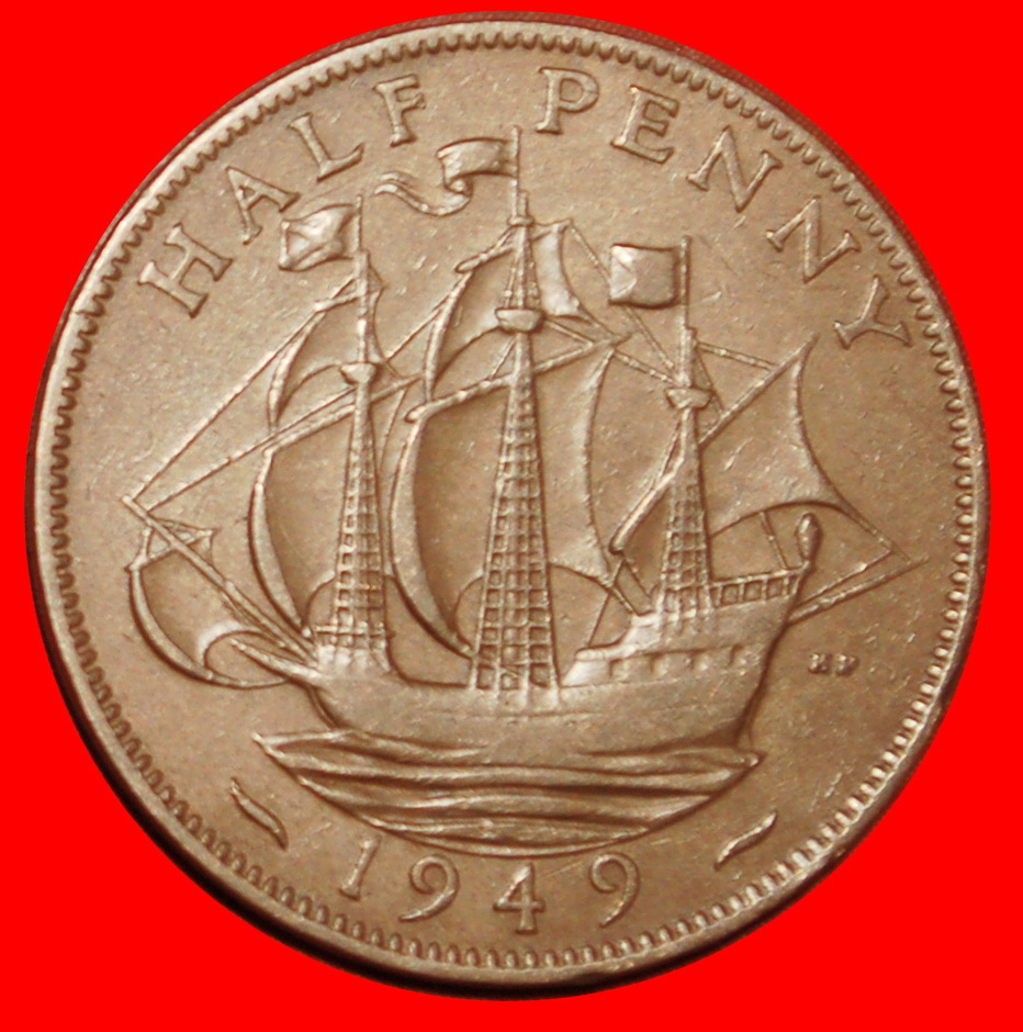  Ⰶ SHIP WITHOUT INDIA: GREAT BRITAIN ★ HALF PENNY 1949 GEORGE VI (1937-1952)! LOW START ★ NO RESERVE!   