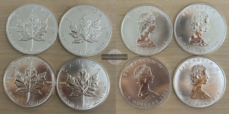  Kanada 4x 5 Dollar 1988 Maple Leaf   FM-Frankfurt    Feinsilber: 124,4g   