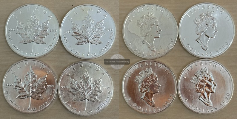  Kanada 4x 5 Dollar 1990 Maple Leaf   FM-Frankfurt    Feinsilber: 124,4g   