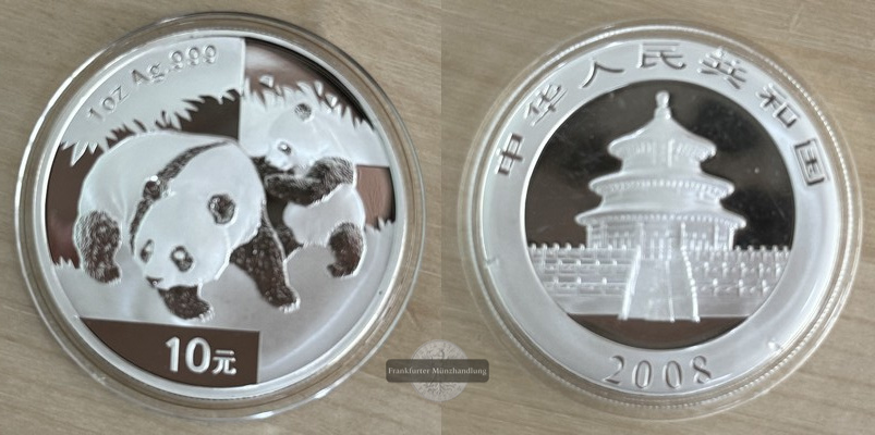  China, 10 Yuan  2008  Panda FM-Frankfurt  Feinsilber: 31,1g   